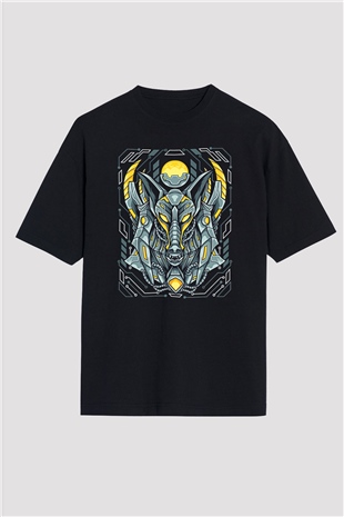 Anubis Baskılı Unisex Siyah Oversize Tişört - Tshirt