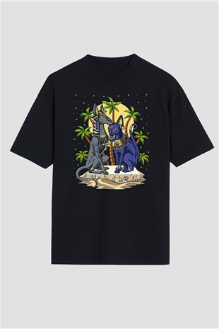 Anubis Baskılı Unisex Siyah Oversize Tişört - Tshirt