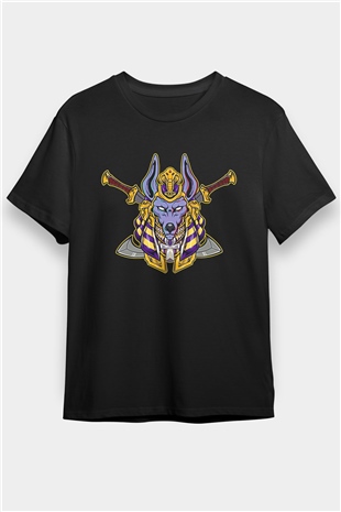 Anubis Baskılı Unisex Siyah Tişört - Tshirt