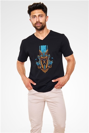 Anubis Baskılı Unisex Siyah V Yaka Tişört - Tshirt