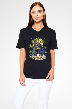 Anubis Baskılı Unisex Siyah V Yaka Tişört - Tshirt