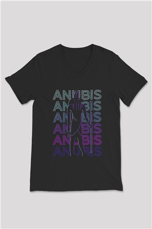 Anubis Baskılı Unisex Siyah V Yaka Tişört - Tshirt