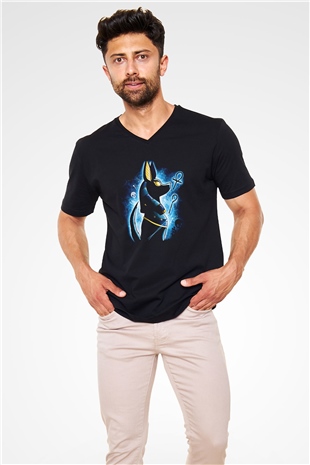 Anubis Baskılı Unisex Siyah V Yaka Tişört - Tshirt