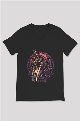 Anubis Baskılı Unisex Siyah V Yaka Tişört - Tshirt