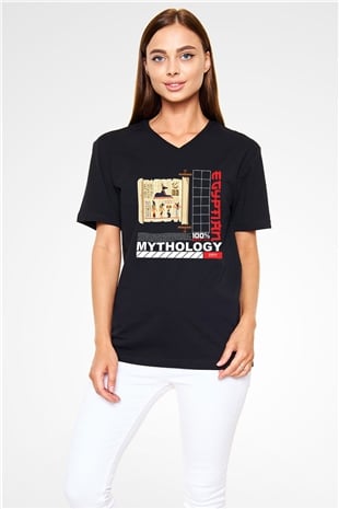 Anubis Baskılı Unisex Siyah V Yaka Tişört - Tshirt
