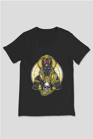 Anubis Baskılı Unisex Siyah V Yaka Tişört - Tshirt