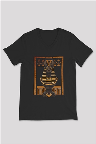Anubis Baskılı Unisex Siyah V Yaka Tişört - Tshirt