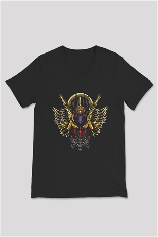 Anubis Baskılı Unisex Siyah V Yaka Tişört - Tshirt