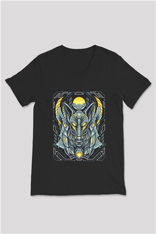 Anubis Baskılı Unisex Siyah V Yaka Tişört - Tshirt