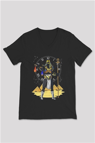 Anubis Baskılı Unisex Siyah V Yaka Tişört - Tshirt