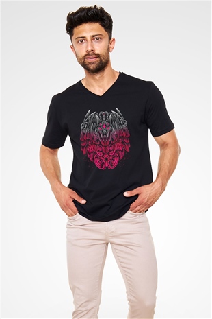 Anubis Baskılı Unisex Siyah V Yaka Tişört - Tshirt