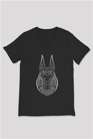 Anubis Baskılı Unisex Siyah V Yaka Tişört - Tshirt