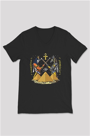 Anubis Baskılı Unisex Siyah V Yaka Tişört - Tshirt