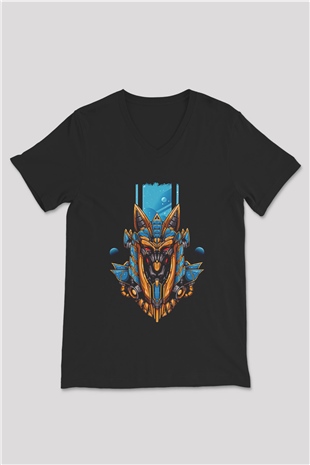 Anubis Baskılı Unisex Siyah V Yaka Tişört - Tshirt