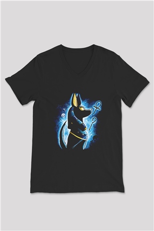 Anubis Baskılı Unisex Siyah V Yaka Tişört - Tshirt