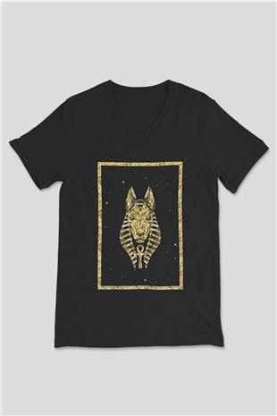 Anubis Baskılı Unisex Siyah V Yaka Tişört - Tshirt