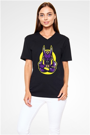 Anubis Baskılı Unisex Siyah V Yaka Tişört - Tshirt