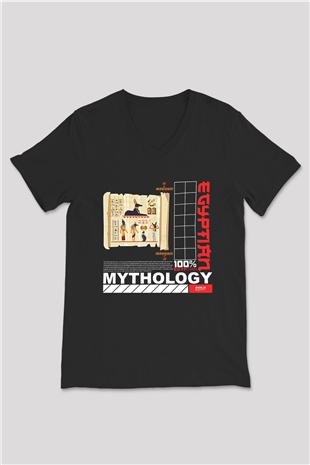 Anubis Baskılı Unisex Siyah V Yaka Tişört - Tshirt