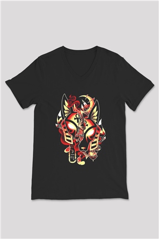 Anubis Baskılı Unisex Siyah V Yaka Tişört - Tshirt