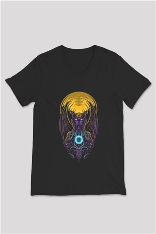 Anubis Baskılı Unisex Siyah V Yaka Tişört - Tshirt
