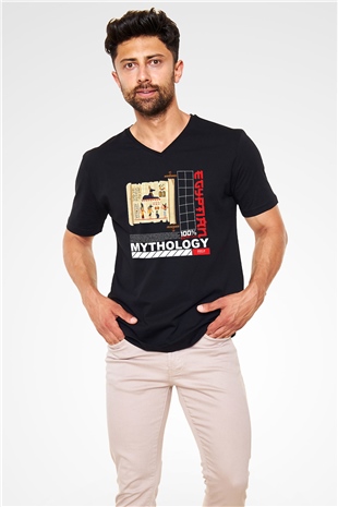 Anubis Baskılı Unisex Siyah V Yaka Tişört - Tshirt
