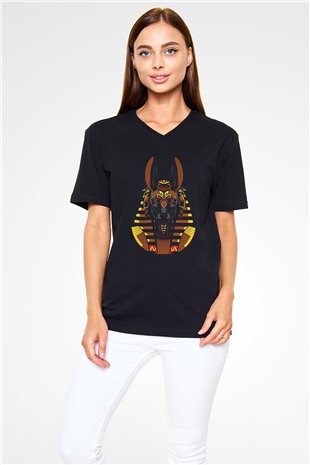 Anubis Baskılı Unisex Siyah V Yaka Tişört - Tshirt