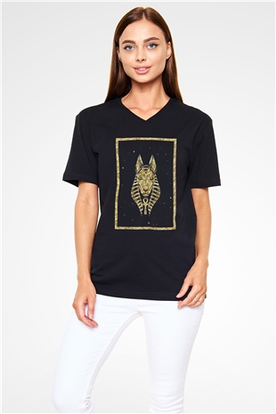 Anubis Baskılı Unisex Siyah V Yaka Tişört - Tshirt