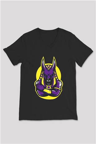 Anubis Baskılı Unisex Siyah V Yaka Tişört - Tshirt