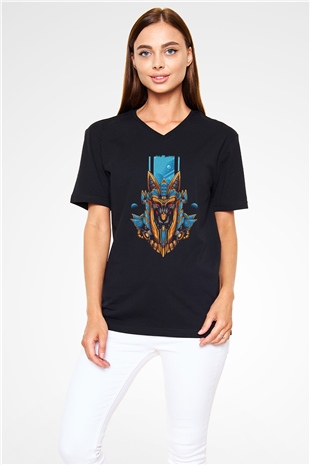 Anubis Baskılı Unisex Siyah V Yaka Tişört - Tshirt