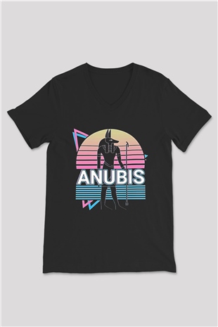 Anubis Baskılı Unisex Siyah V Yaka Tişört - Tshirt