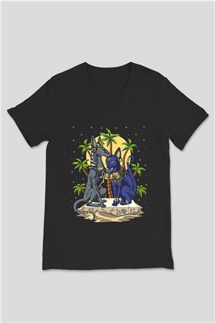 Anubis Baskılı Unisex Siyah V Yaka Tişört - Tshirt