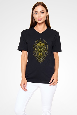 Anubis Baskılı Unisex Siyah V Yaka Tişört - Tshirt