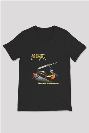 Anvil Baskılı Unisex Siyah V Yaka Tişört