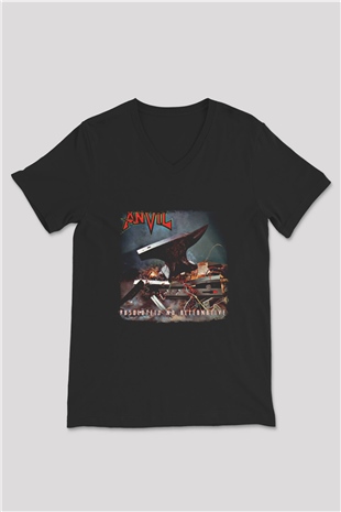 Anvil Baskılı Unisex Siyah V Yaka Tişört