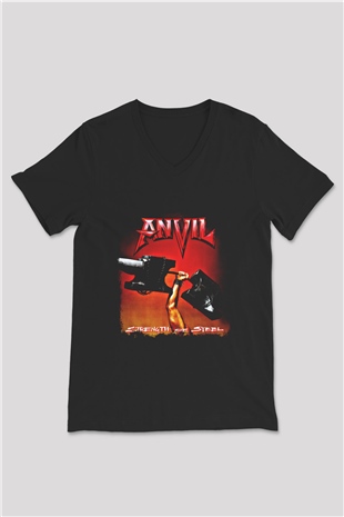 Anvil Baskılı Unisex Siyah V Yaka Tişört