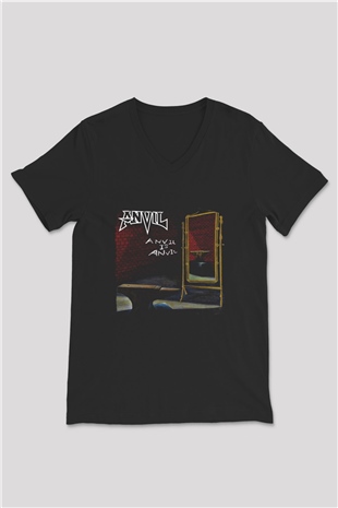 Anvil Baskılı Unisex Siyah V Yaka Tişört