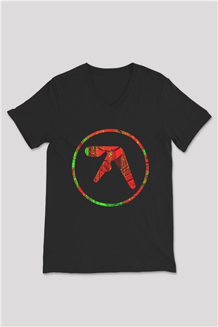 Aphex Twin Baskılı Unisex Siyah V Yaka Tişört - Tshirt