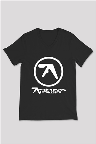 Aphex Twin Baskılı Unisex Siyah V Yaka Tişört - Tshirt