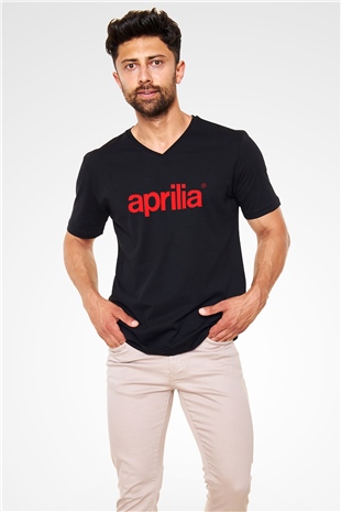 Aprilia Siyah Unisex V Yaka Tişört T-Shirt
