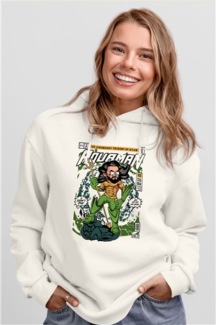 Aquaman Baskılı Unisex Beyaz Hoodie
