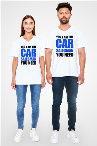 Araba satıcısı Beyaz Unisex V Yaka Tişört