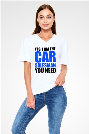 Araba satıcısı Beyaz Unisex V Yaka Tişört