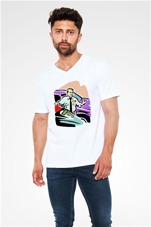Araba satıcısı Beyaz Unisex V Yaka Tişört