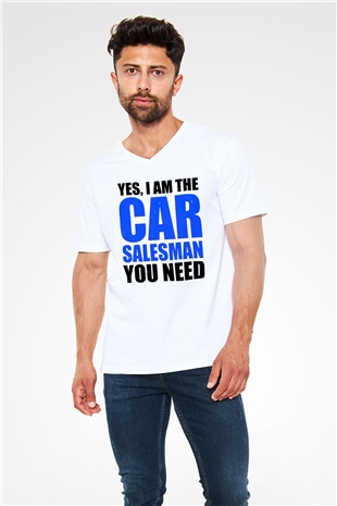 Araba satıcısı Beyaz Unisex V Yaka Tişört