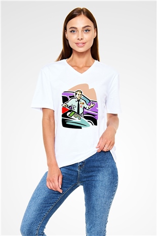Araba satıcısı Beyaz Unisex V Yaka Tişört