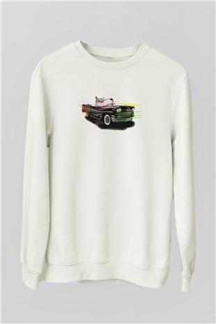 Araba Süren Kedi Şöför Baskılı Beyaz  Sweatshirt