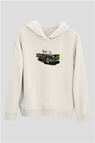 Araba Süren Kedi Şöför Beyaz  Unisex Hoodie