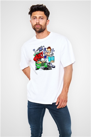 Araba tamircisi Beyaz Unisex Oversize Tişört T-Shirt