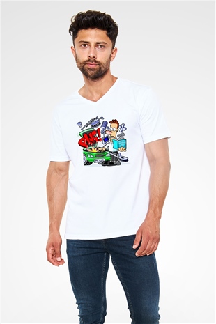 Araba tamircisi Beyaz Unisex V Yaka Tişört T-Shirt