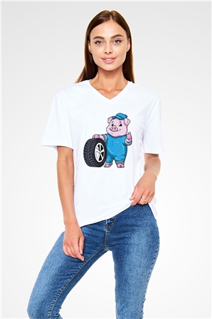 Araba tamircisi Beyaz Unisex V Yaka Tişört